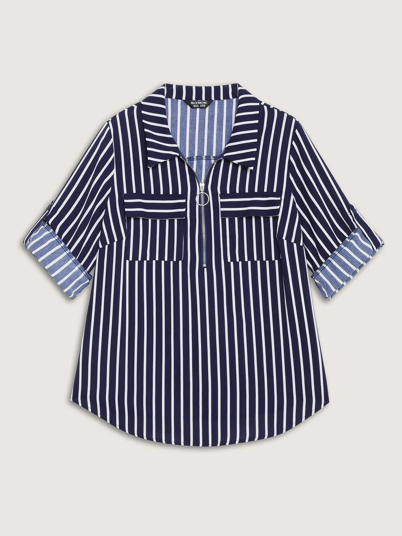Stripe Print Zipper Folded Sleeve Blouse