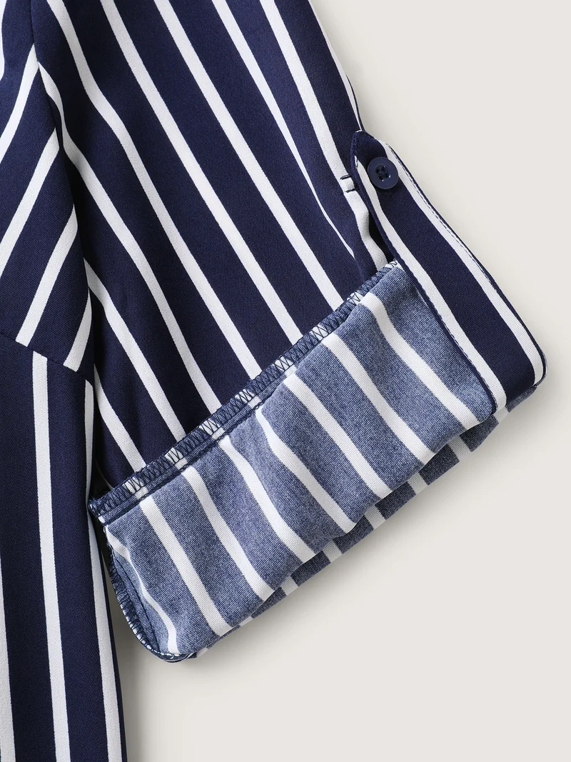 Stripe Print Zipper Folded Sleeve Blouse