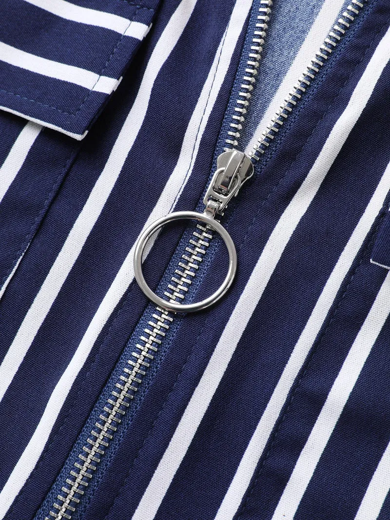 Stripe Print Zipper Folded Sleeve Blouse