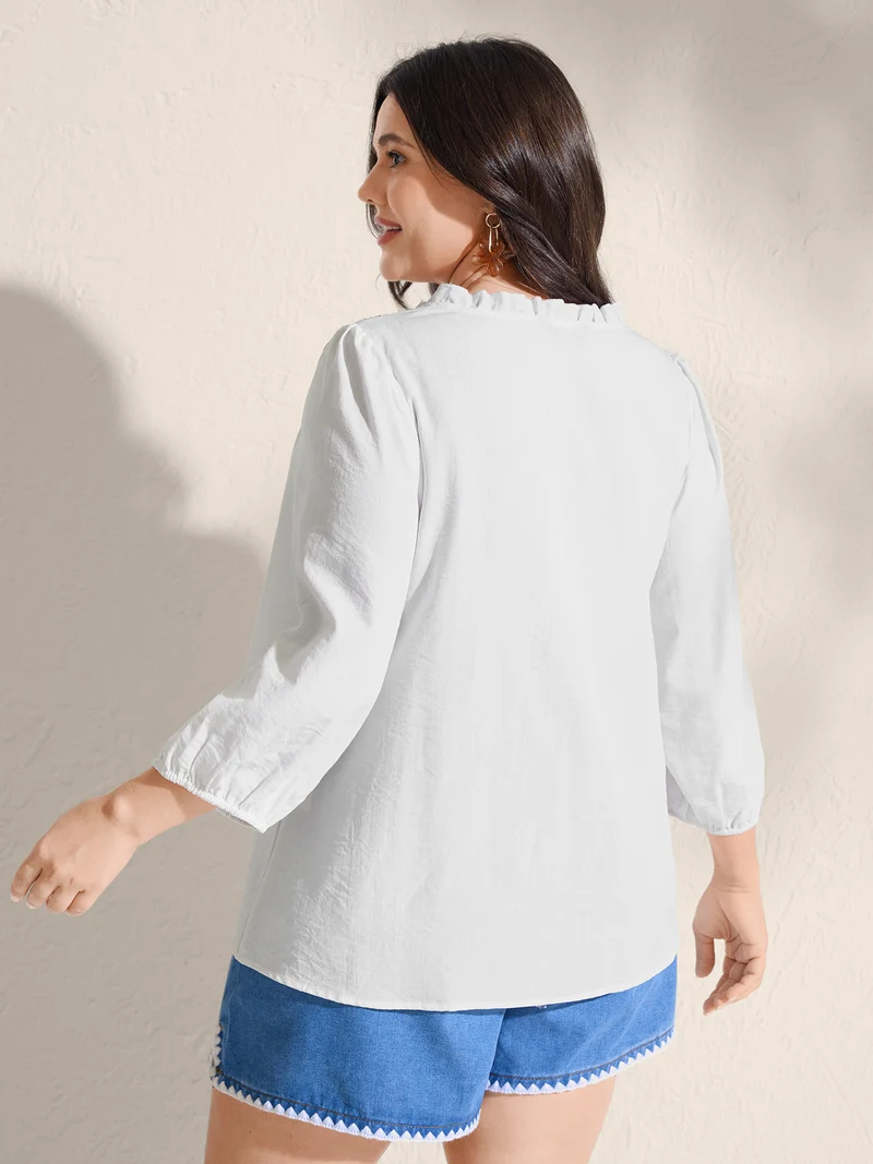Boho Embroidered Neckline Ruffled Neck Blouse