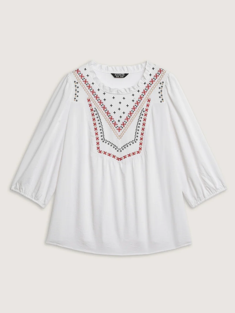 Boho Embroidered Neckline Ruffled Neck Blouse