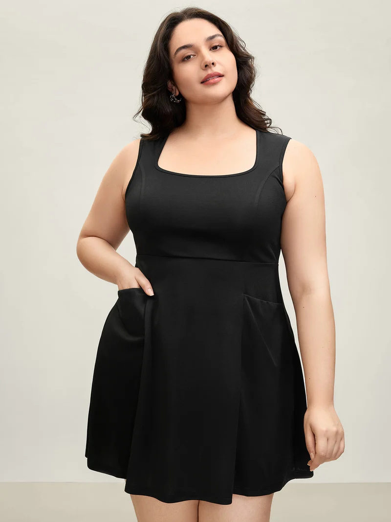 Stretchy Pockets Cinched-Waist Flared Midi Dress