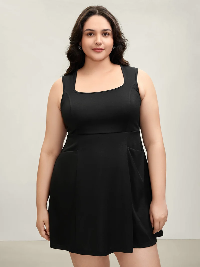 Stretchy Pockets Cinched-Waist Flared Midi Dress