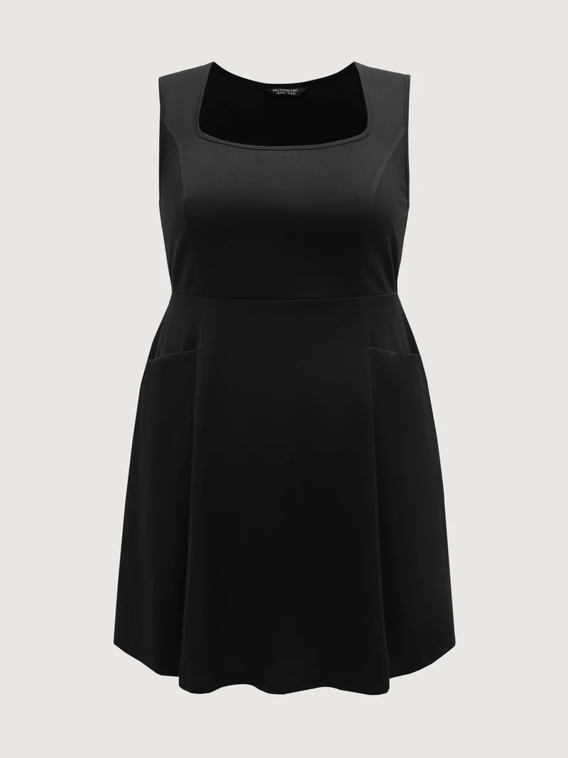 Stretchy Pockets Cinched-Waist Flared Midi Dress
