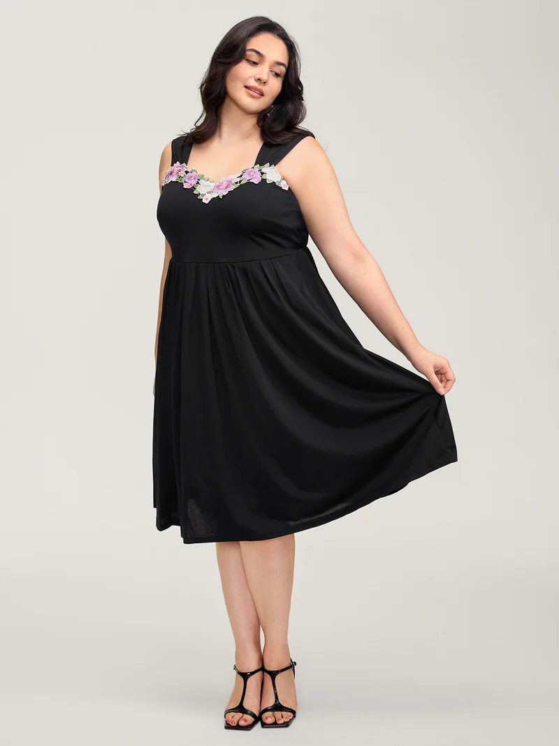 Floral Embroidered Neckline Lace Trim Midi Dress
