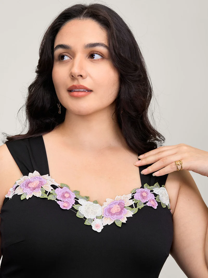 Floral Embroidered Neckline Lace Trim Midi Dress