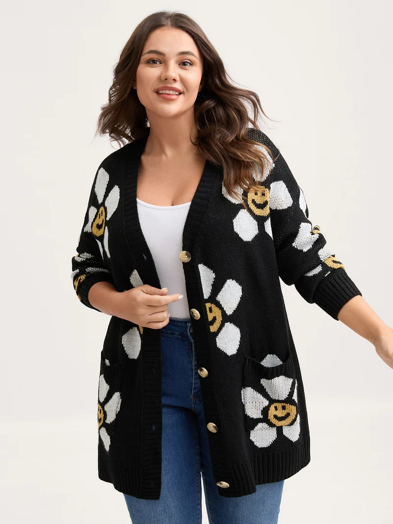 Sunny Floral Print Pockets Knit Cardigan