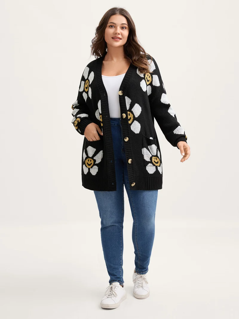 Sunny Floral Print Pockets Knit Cardigan