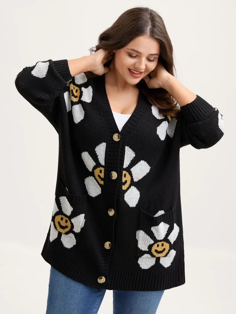 Sunny Floral Print Pockets Knit Cardigan