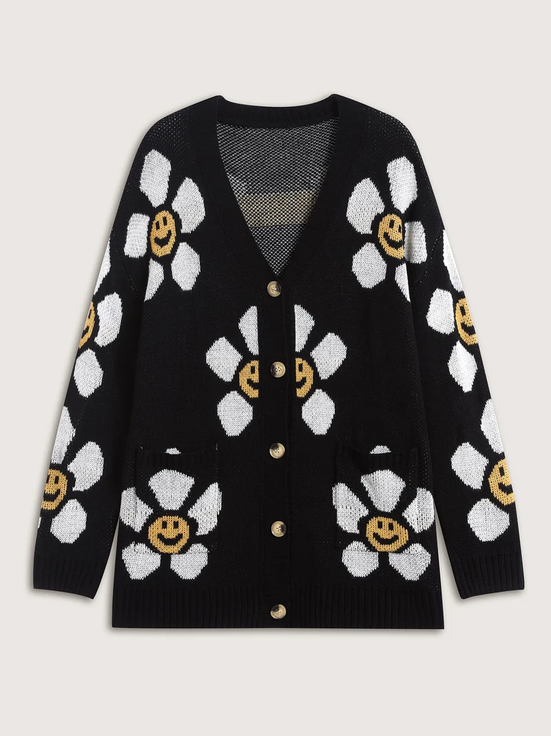 Sunny Floral Print Pockets Knit Cardigan