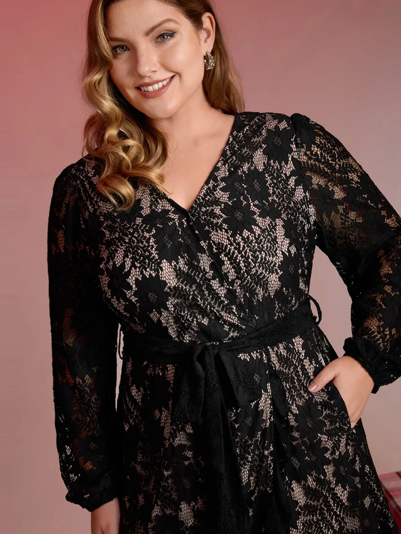 Floral Lace Lined Wrap Belted Midi Dress