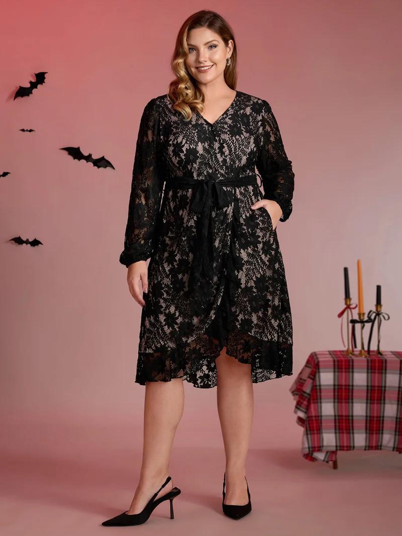 Floral Lace Lined Wrap Belted Midi Dress