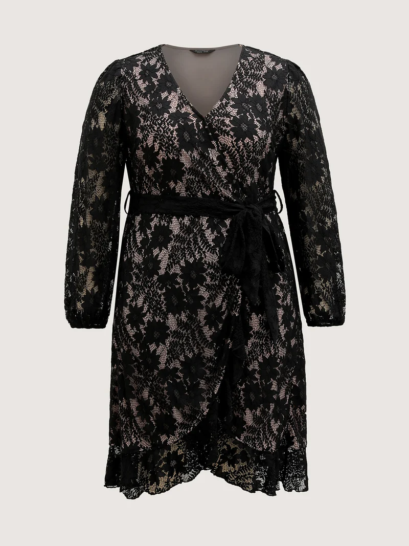 Floral Lace Lined Wrap Belted Midi Dress