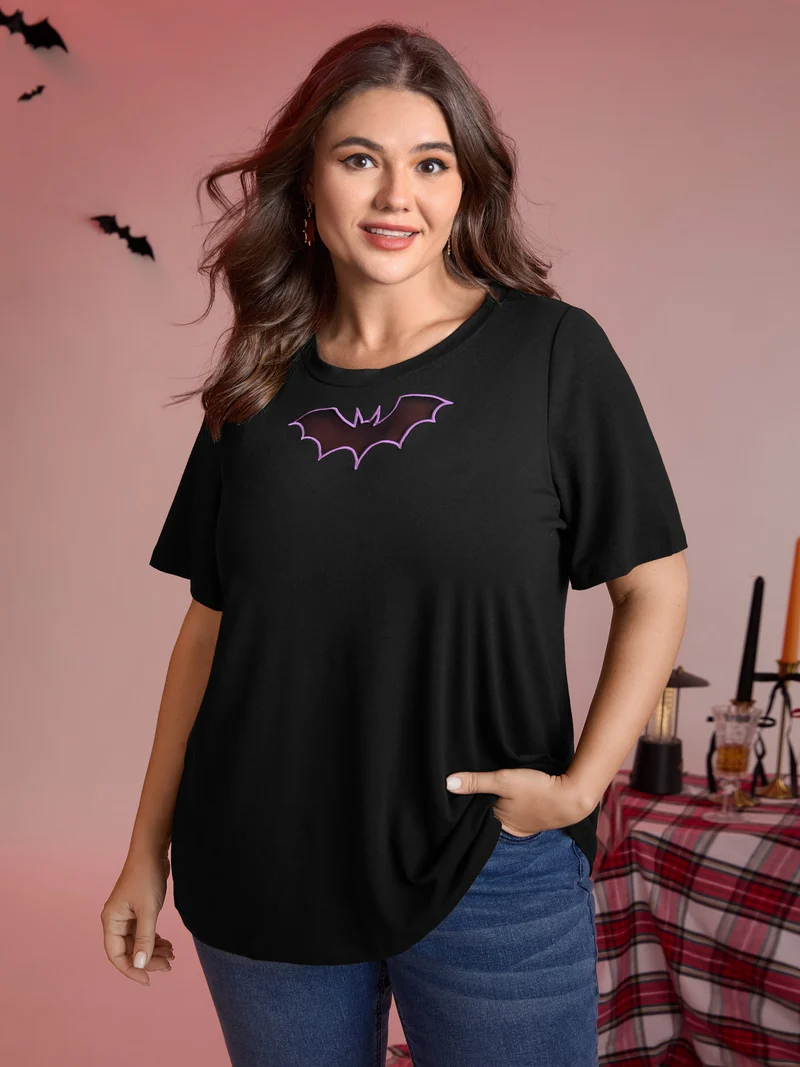Bat Neck Cut-Out Stretchy Embroidered T-Shirt