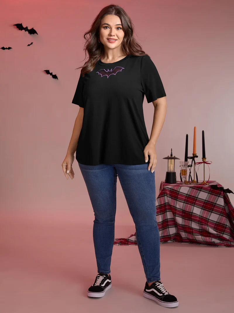 Bat Neck Cut-Out Stretchy Embroidered T-Shirt