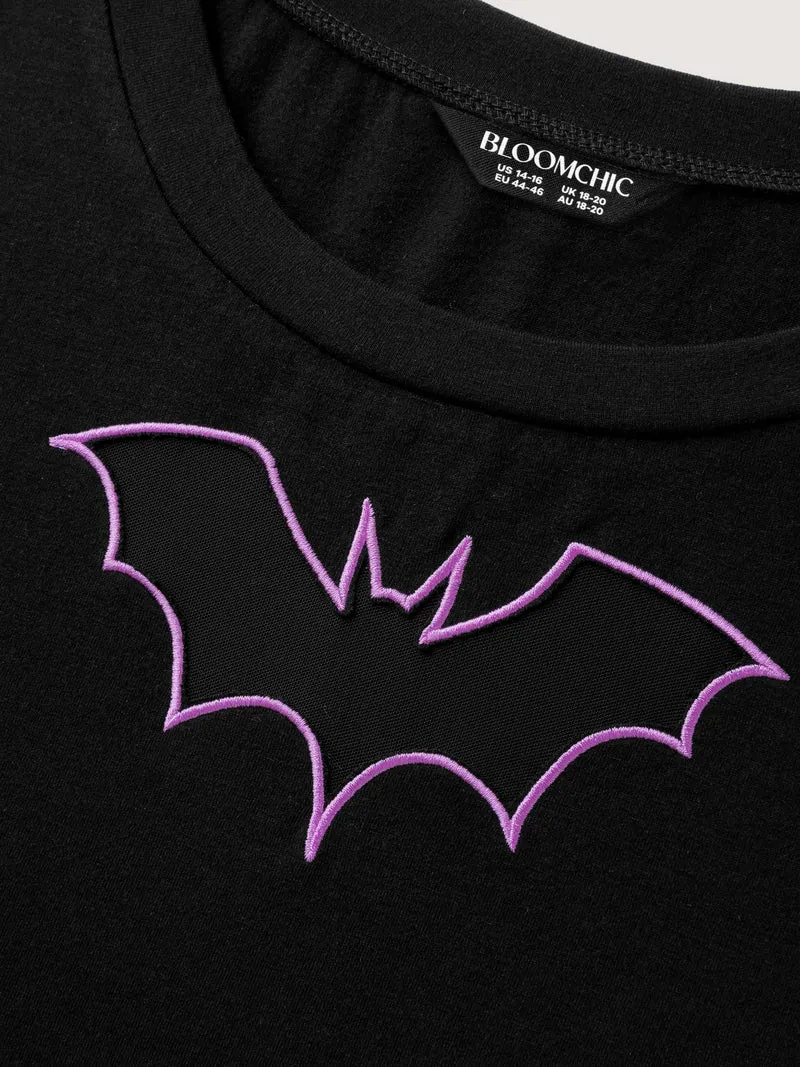 Bat Neck Cut-Out Stretchy Embroidered T-Shirt
