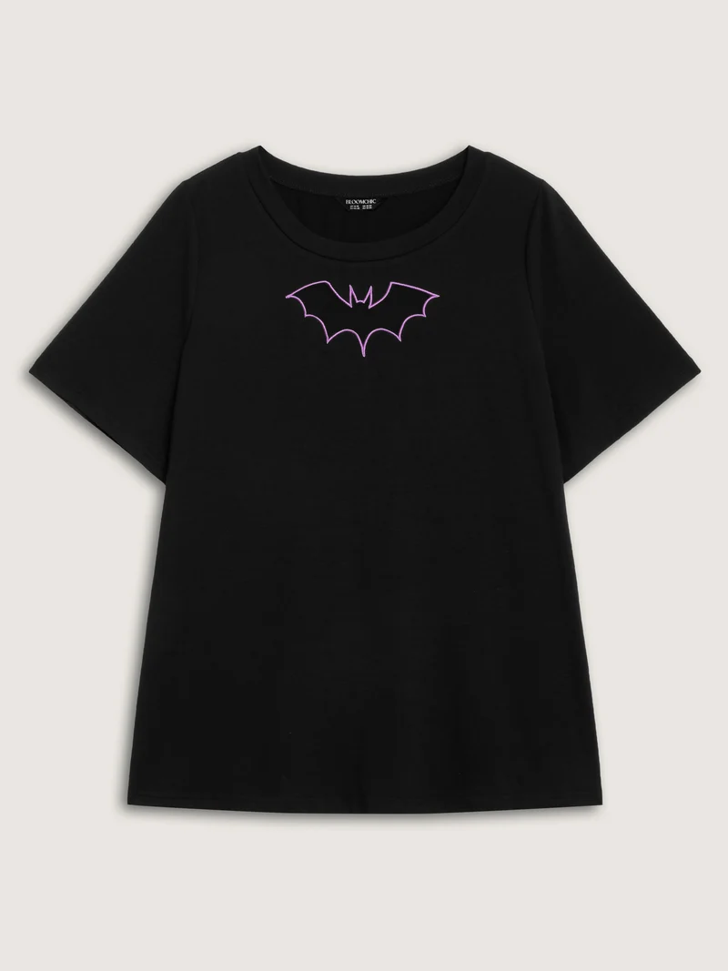 Bat Neck Cut-Out Stretchy Embroidered T-Shirt