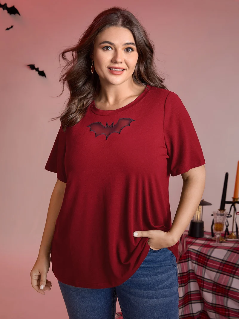 Bat Neck Cut-Out Stretchy Embroidered T-Shirt