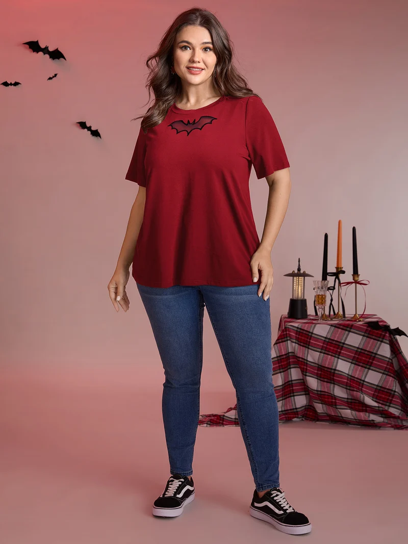 Bat Neck Cut-Out Stretchy Embroidered T-Shirt