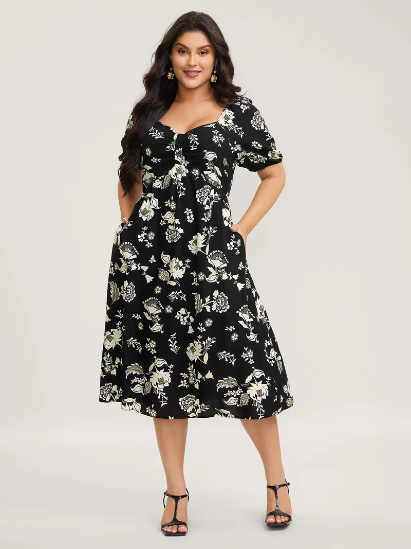 Floral Print Sweetheart Neck Midi Dress