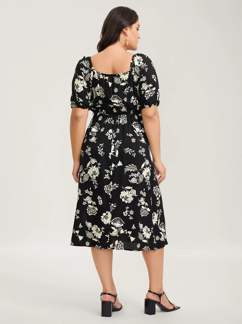 Floral Print Sweetheart Neck Midi Dress