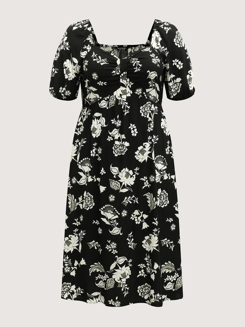 Floral Print Sweetheart Neck Midi Dress