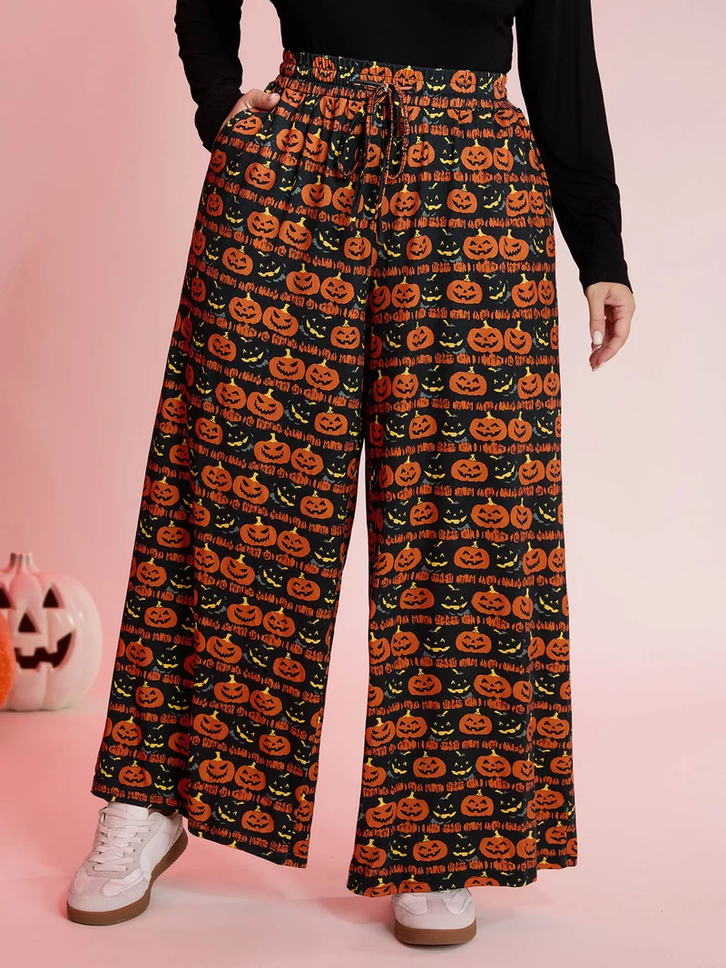 Spooky Pumpkin Elastic Waistband Wide-Leg Pants
