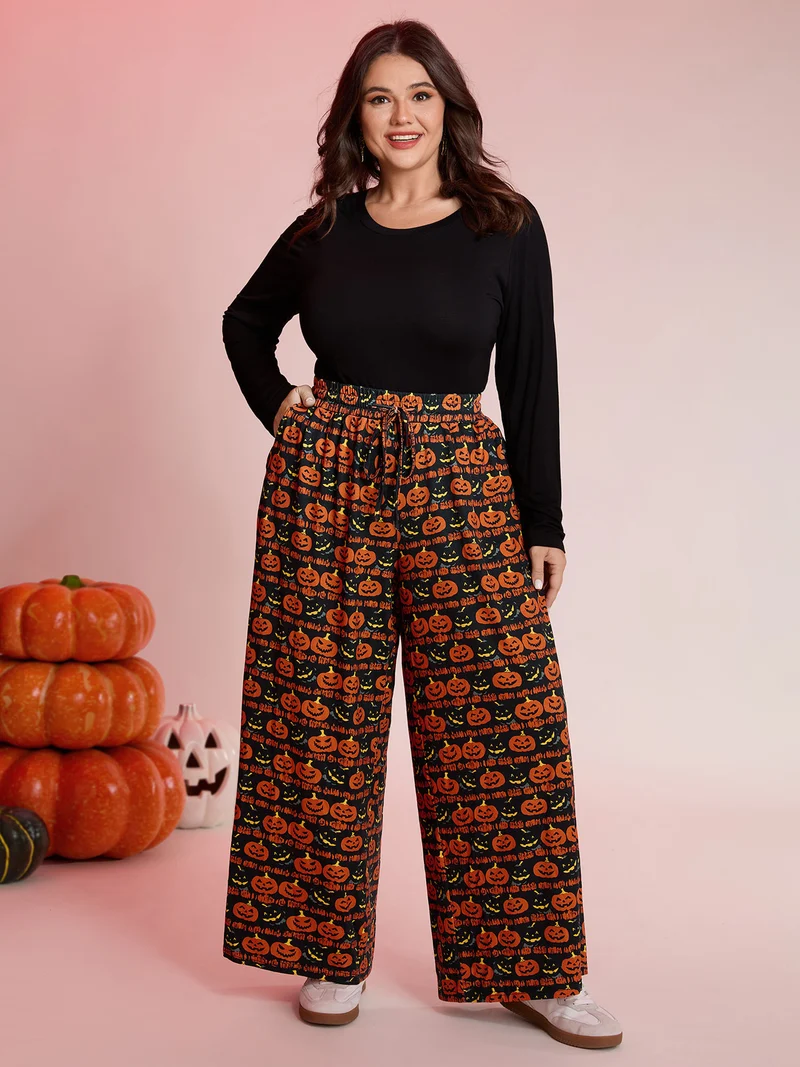Spooky Pumpkin Elastic Waistband Wide-Leg Pants