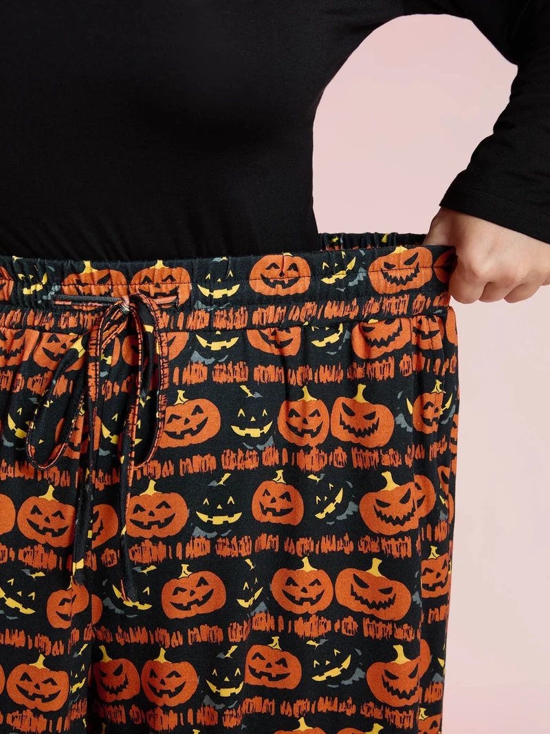 Spooky Pumpkin Elastic Waistband Wide-Leg Pants