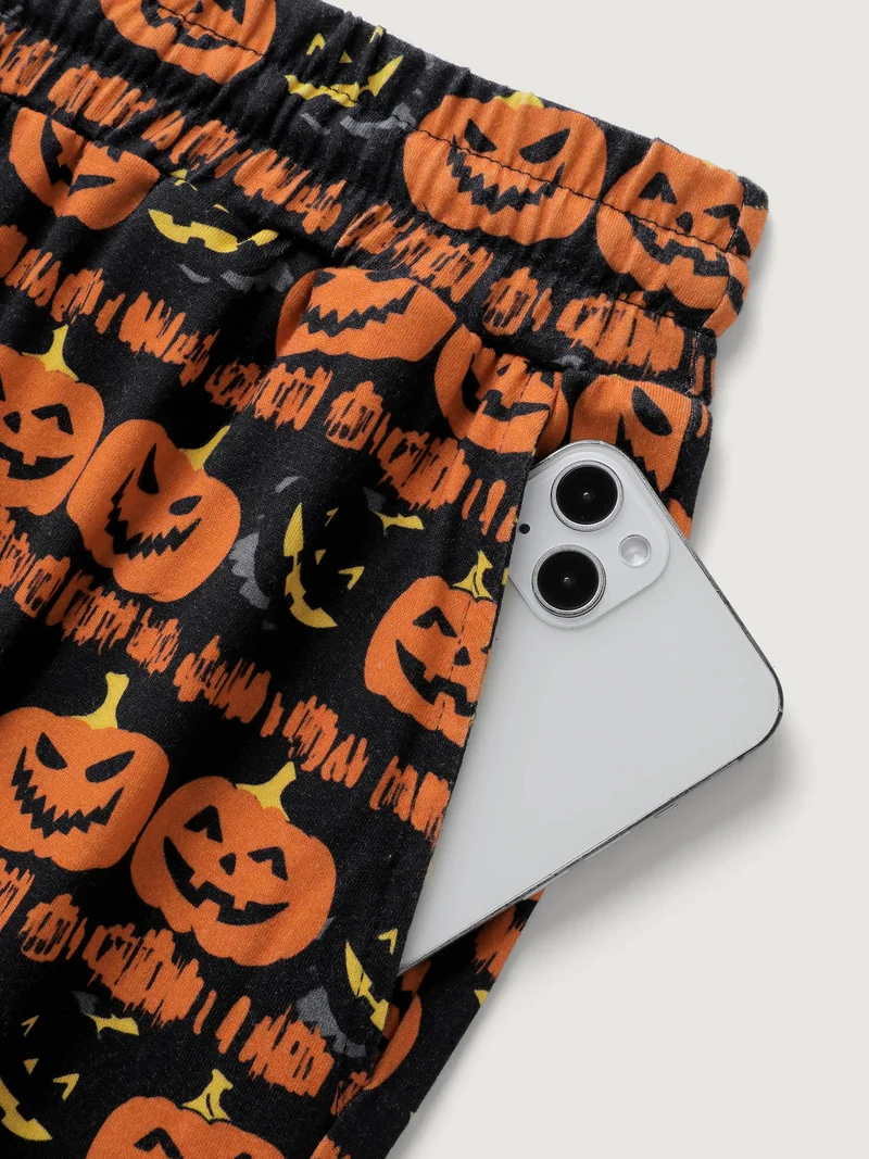 Spooky Pumpkin Elastic Waistband Wide-Leg Pants