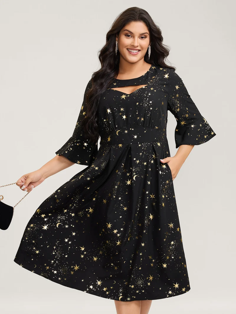 Shimmery Starry Neck Cut-Out Midi Dress
