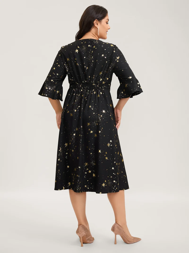 Shimmery Starry Neck Cut-Out Midi Dress