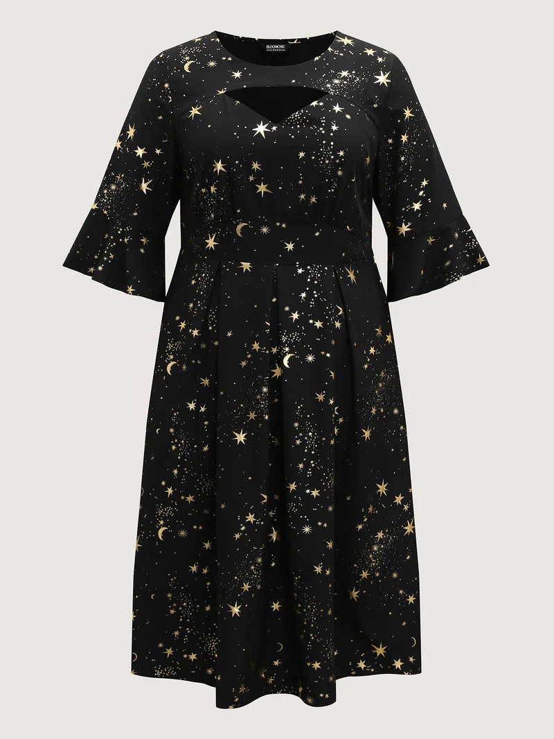 Shimmery Starry Neck Cut-Out Midi Dress