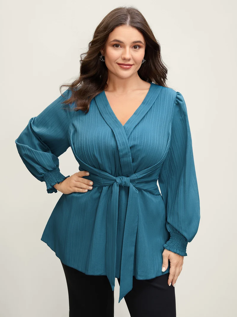 Textured Shirred Belted Cinched-Waist Blouse