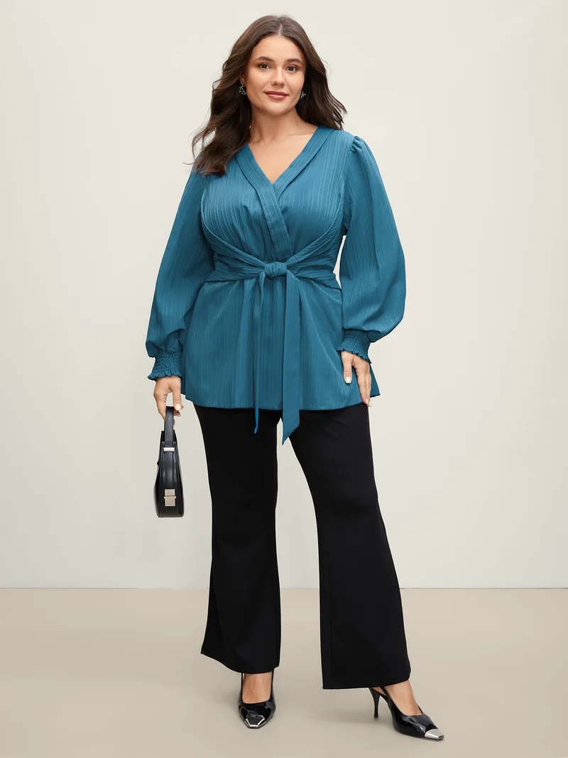 Textured Shirred Belted Cinched-Waist Blouse