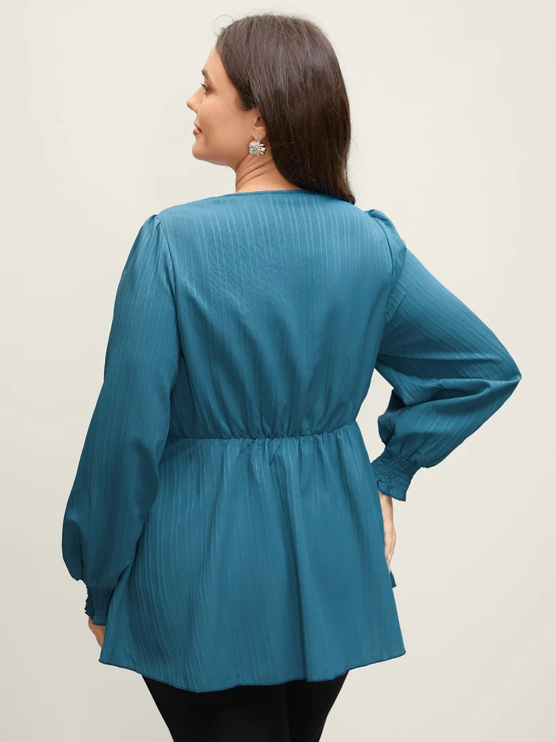 Textured Shirred Belted Cinched-Waist Blouse