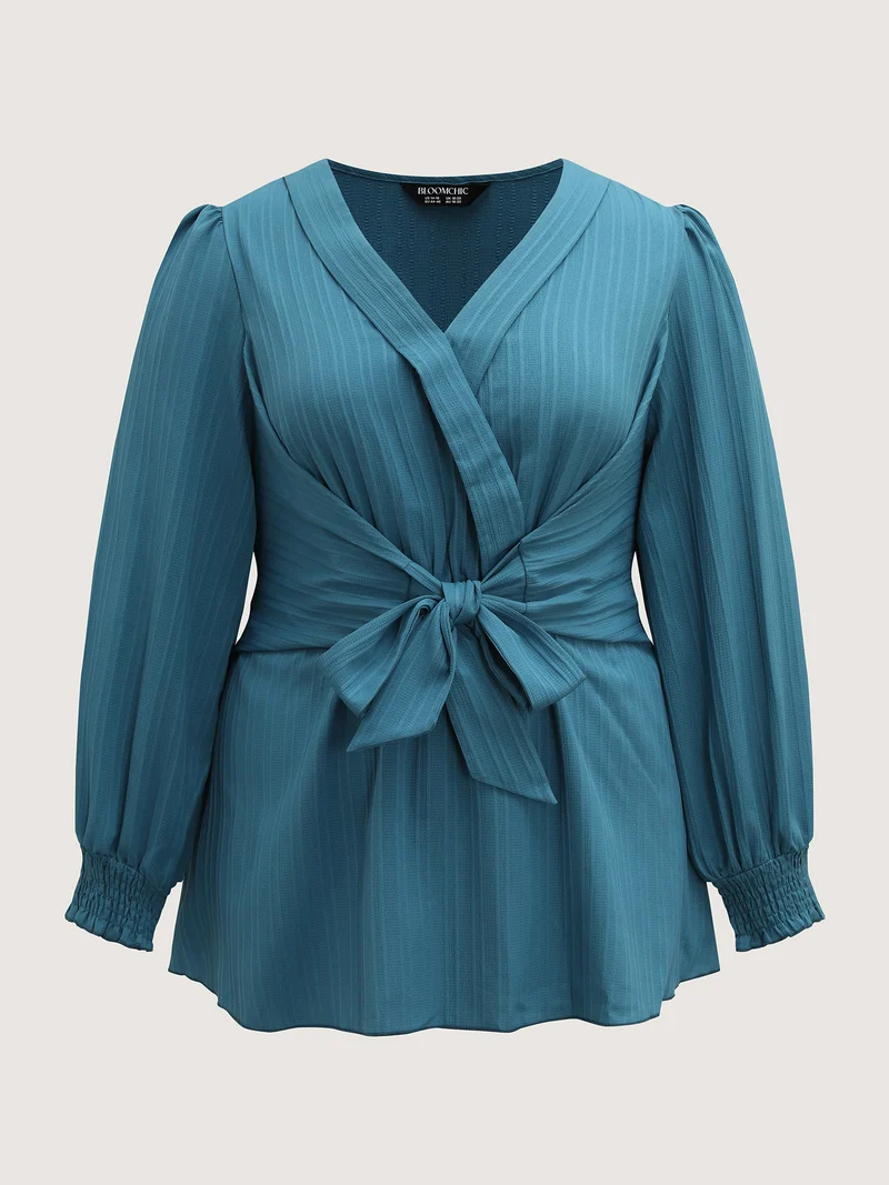 Textured Shirred Belted Cinched-Waist Blouse
