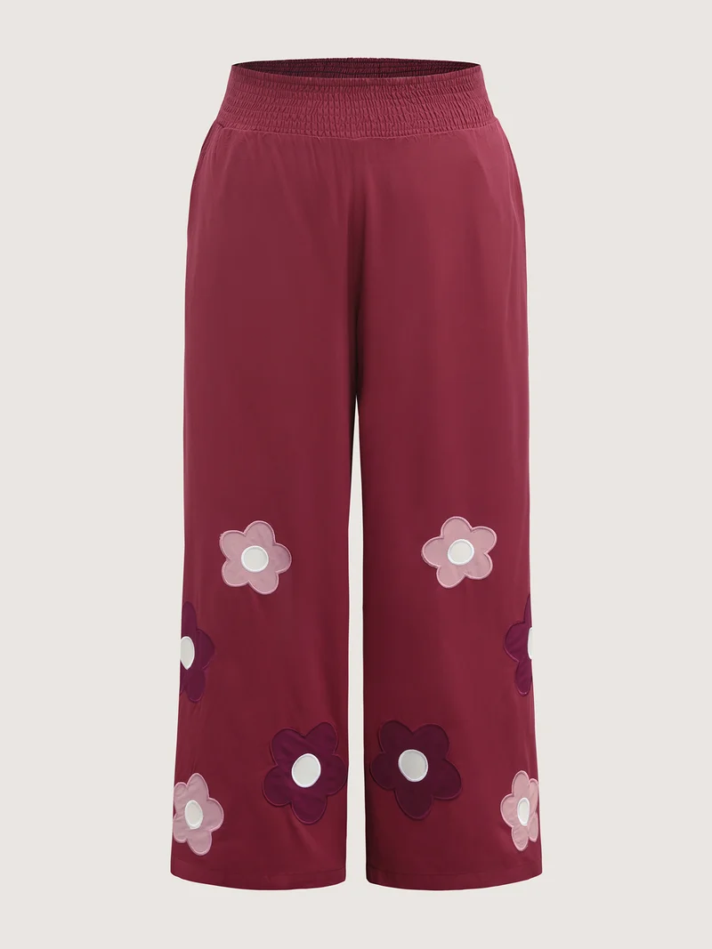 Floral Applique Embroidery Wide-Leg Pants