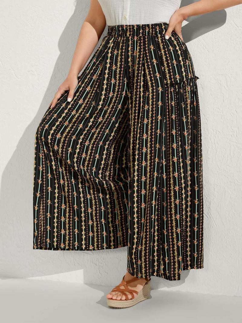 Floral Striped Ruffled Wide-Leg Pants