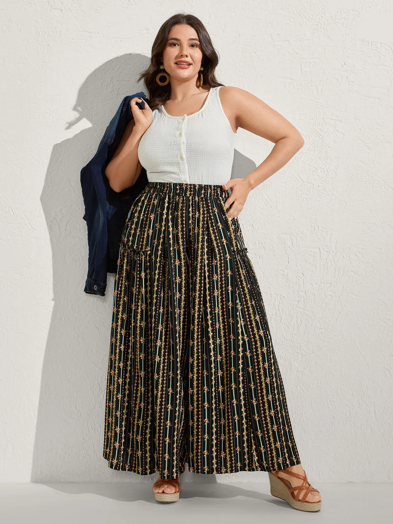 Floral Striped Ruffled Wide-Leg Pants