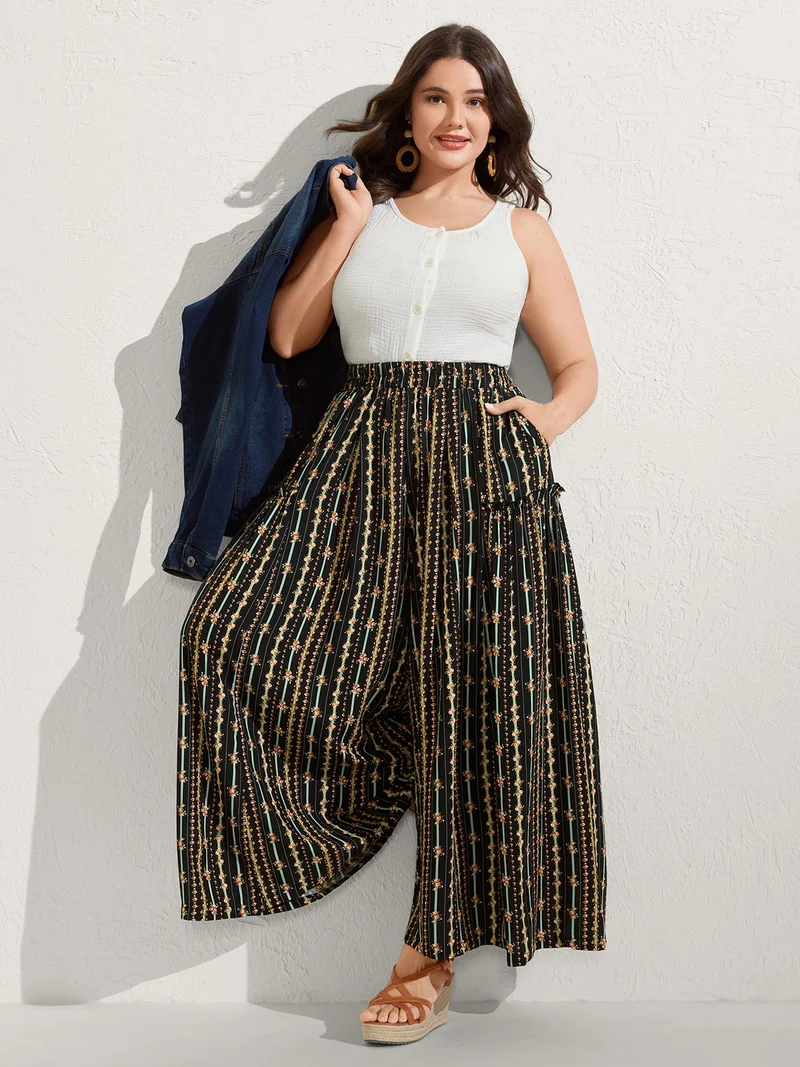 Floral Striped Ruffled Wide-Leg Pants