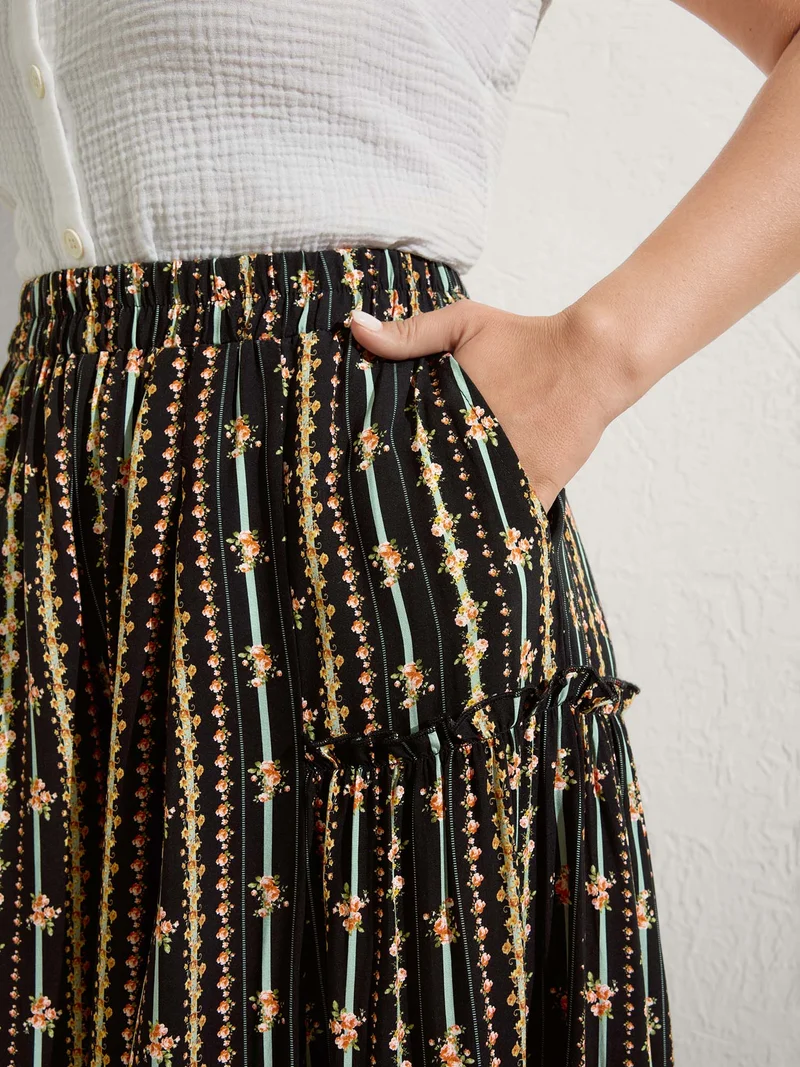 Floral Striped Ruffled Wide-Leg Pants