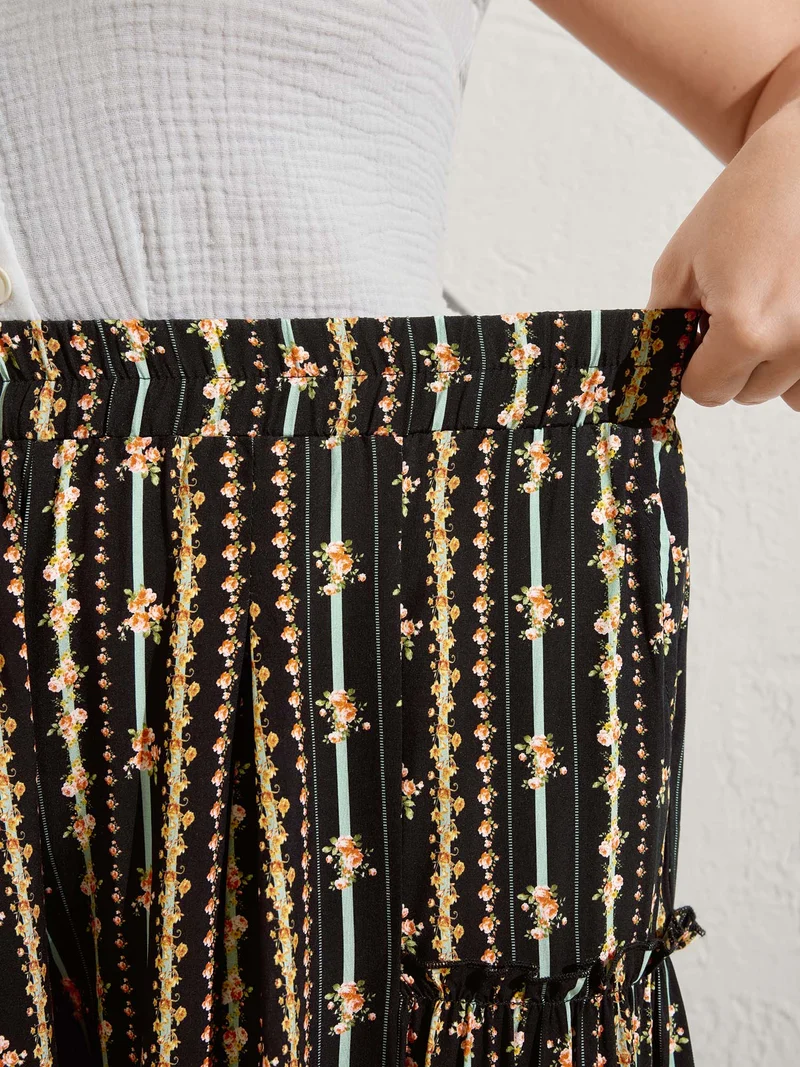 Floral Striped Ruffled Wide-Leg Pants