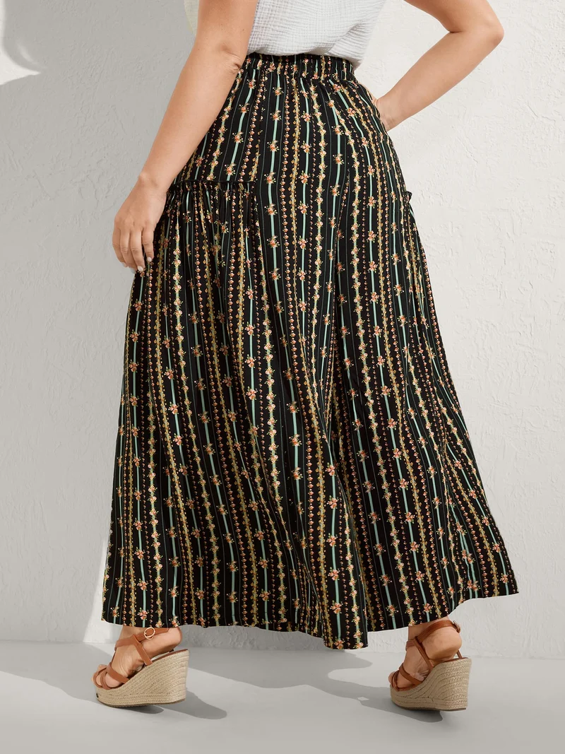 Floral Striped Ruffled Wide-Leg Pants