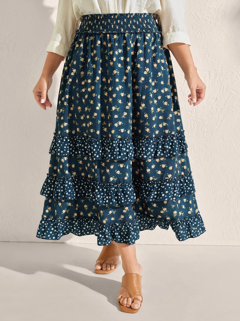Floral Print Tiered Shirred Waist Midi Skirt