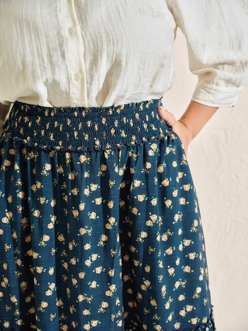 Floral Print Tiered Shirred Waist Midi Skirt