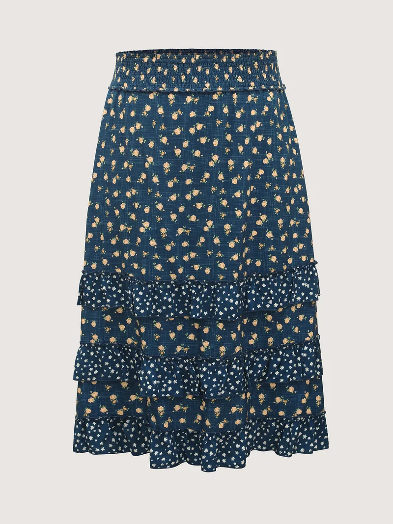 Floral Print Tiered Shirred Waist Midi Skirt