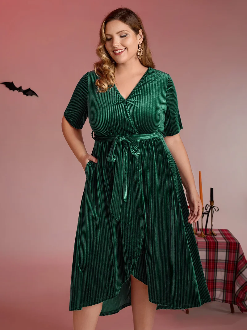 Glossy Textured Velvet Wrap Tied Midi Dress