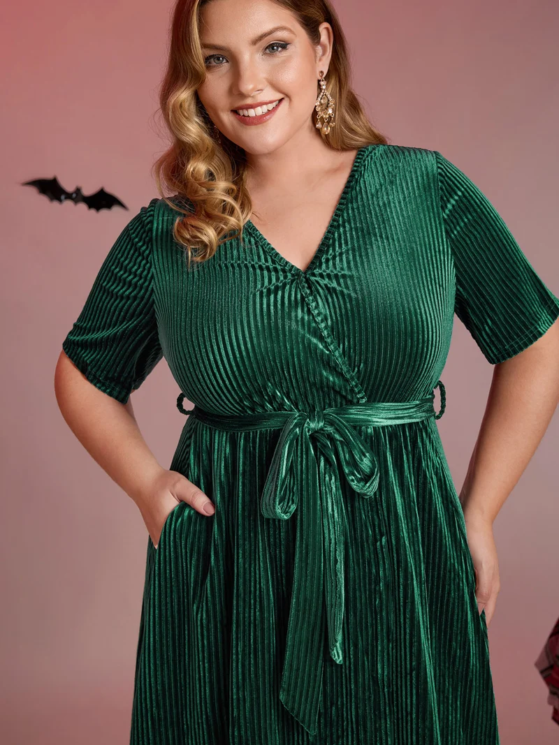 Glossy Textured Velvet Wrap Tied Midi Dress