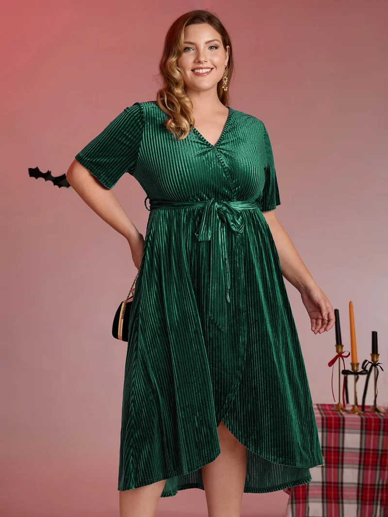 Glossy Textured Velvet Wrap Tied Midi Dress